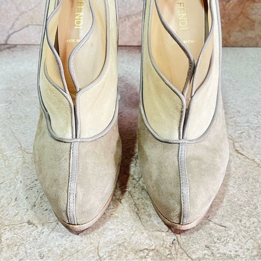 Fendi FF Logo Gray and Beige Mesh Suede High Heel Booties - Picture 6 of 10